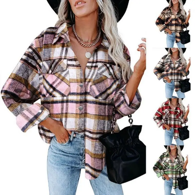 

Women's Plaid Shirt Woolen Flannel Jacket European Style Long Sleeve Shirt Female Fashion Winter Collection Non-deformable
