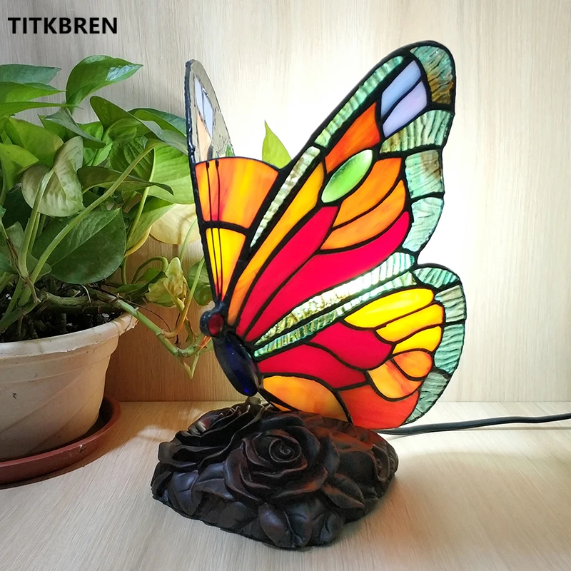 Tiffany Stained Glass Butterfly Table Lamp Warm Bedroom Bedside Night Light Indoor Desk Fixtures Holiday Christmas Birthday Gift