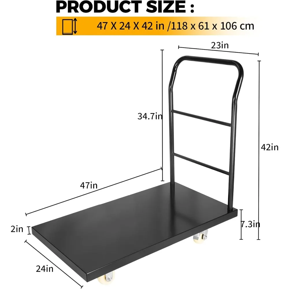 منصة شاحنة سعة 3000 رطل عربة مسطحة فولاذية، عربة دفع 47 × 24 دوللي، عربة منصة سوداء لتحريك الأمتعة #3