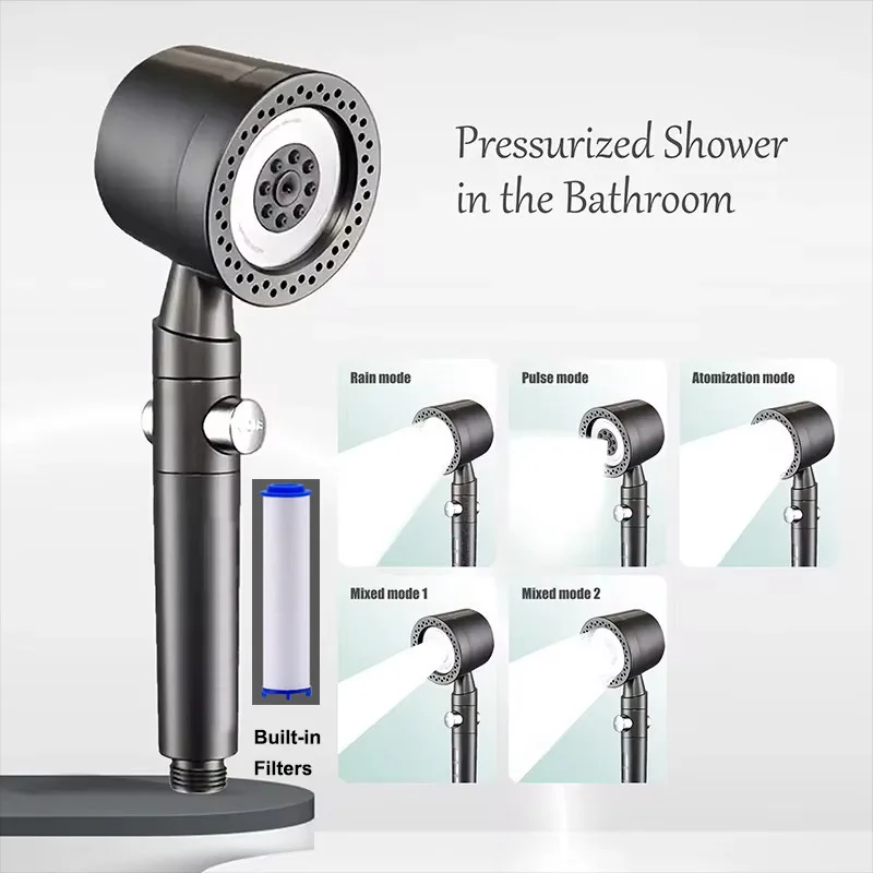 

New High Pressure Water Saving Filter Shower Head 5 Modes Handheld Shower Head One Button Stop Bathroom Accessories Set