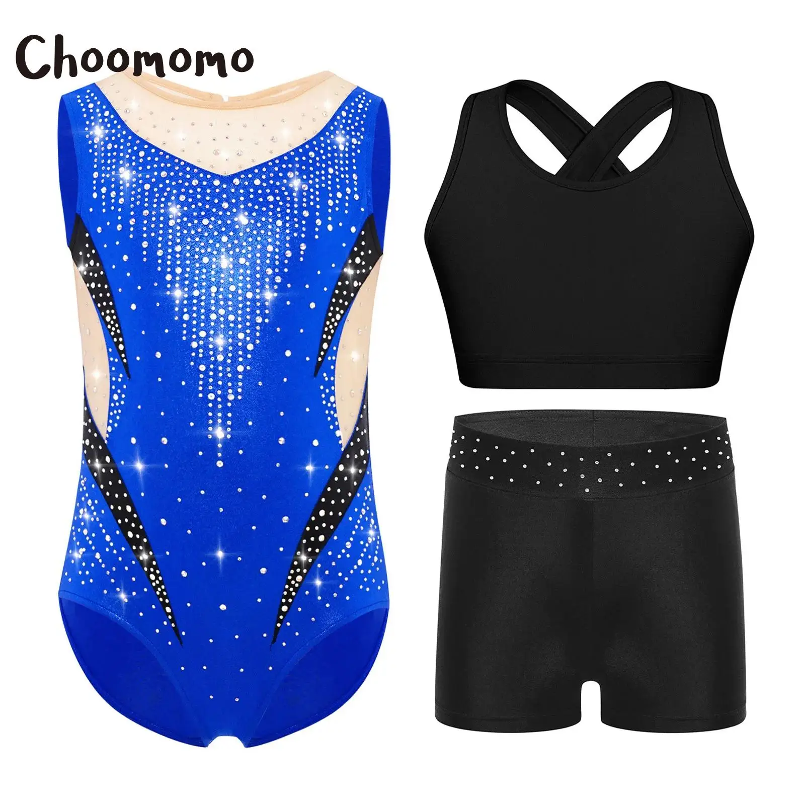 

Ballet Gymnastics Dance Sets Figure Skating Sports Outfits Kids Girls Sheer Mesh Rhinestone Color Block Leotard Vest Shorts Set