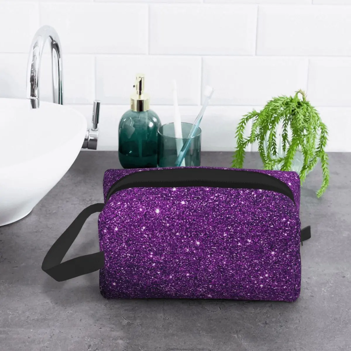 Gradient Purple Glitter Pattern Makeup Bag Cosmetic Organizer Storage Dopp Kit Toiletry Cosmetic Bag for Women Beauty Travel