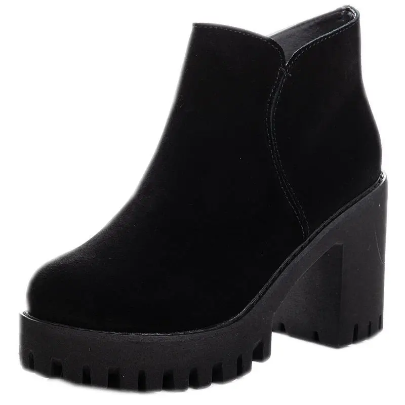 Sexy Thick-soled New Winter Casual Elegant Warm and Comfortable Black Round Toe Square Heel Short Boots for Women