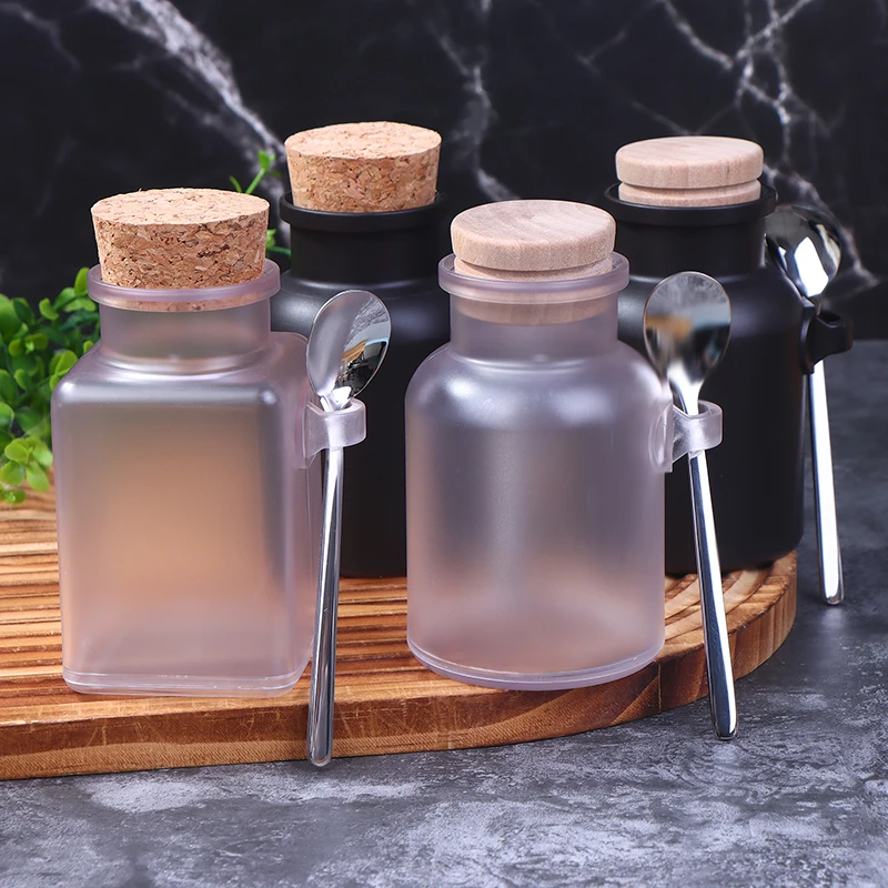 Frascos de sales de baño vacíos ABS esmerilado de 100/200g con corcho y cuchara de acero inoxidable, bote multiusos para almacenamiento de alimentos en polvo para máscara
