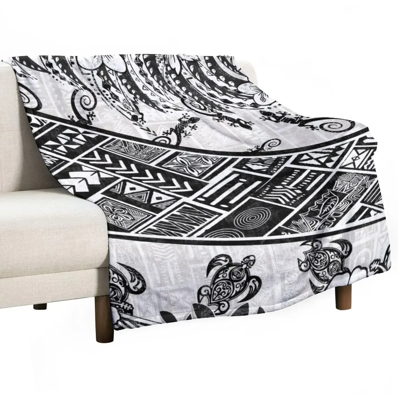 

Black And White Polynesian Tribal Distressed Throw Blanket Fashion Sofas Decorative Beds Shaggy Blankets