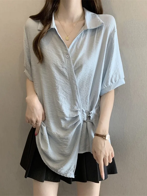 

Light Blue V-Neck Short Sleeve Shirt Women's plus Size Summer New Style Waist-Cinching Asymmetrical Top Korean Style Commute
