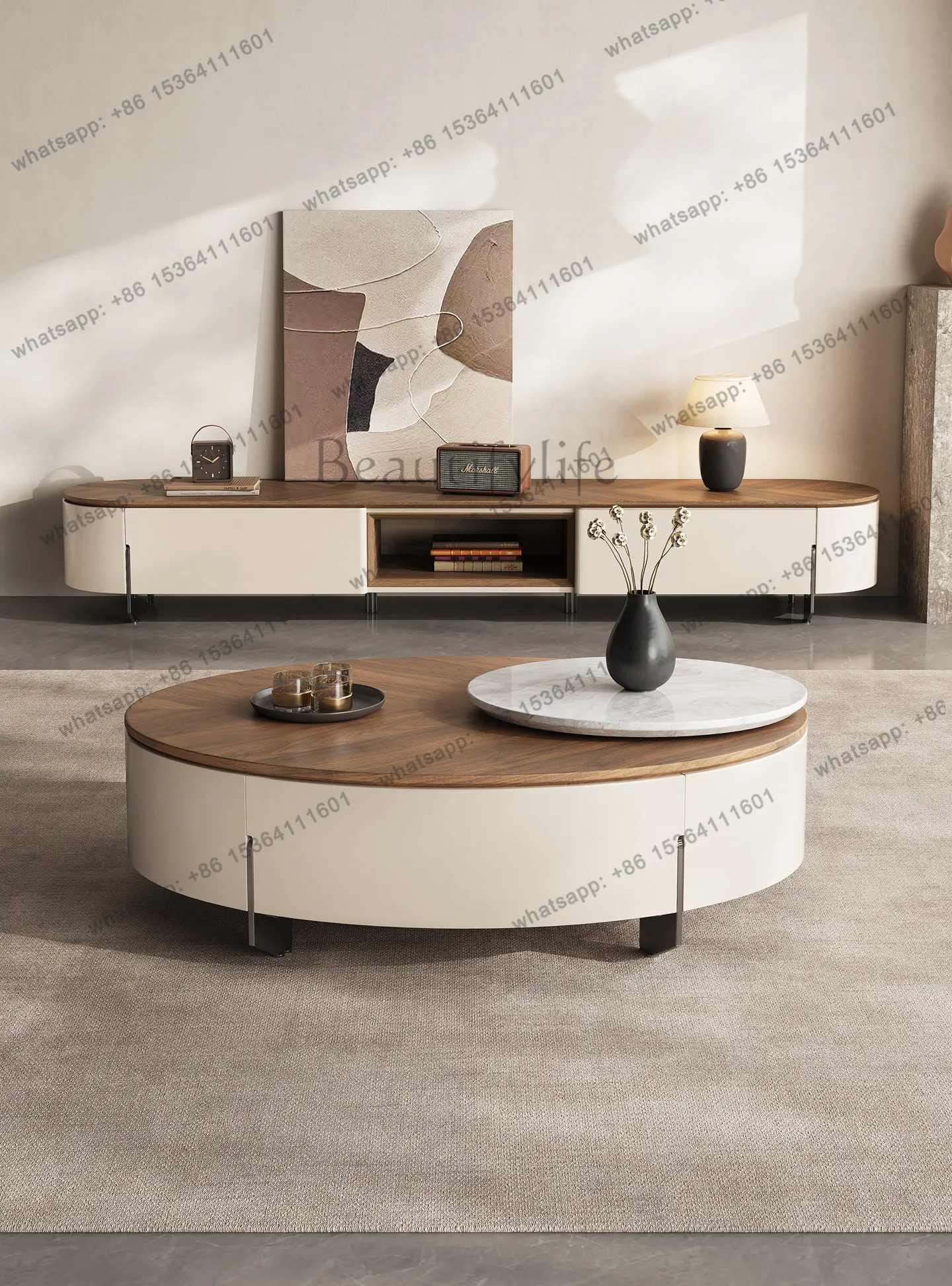 Coffee table TV cabinet combination ash wood modern simple living room floor cabinet