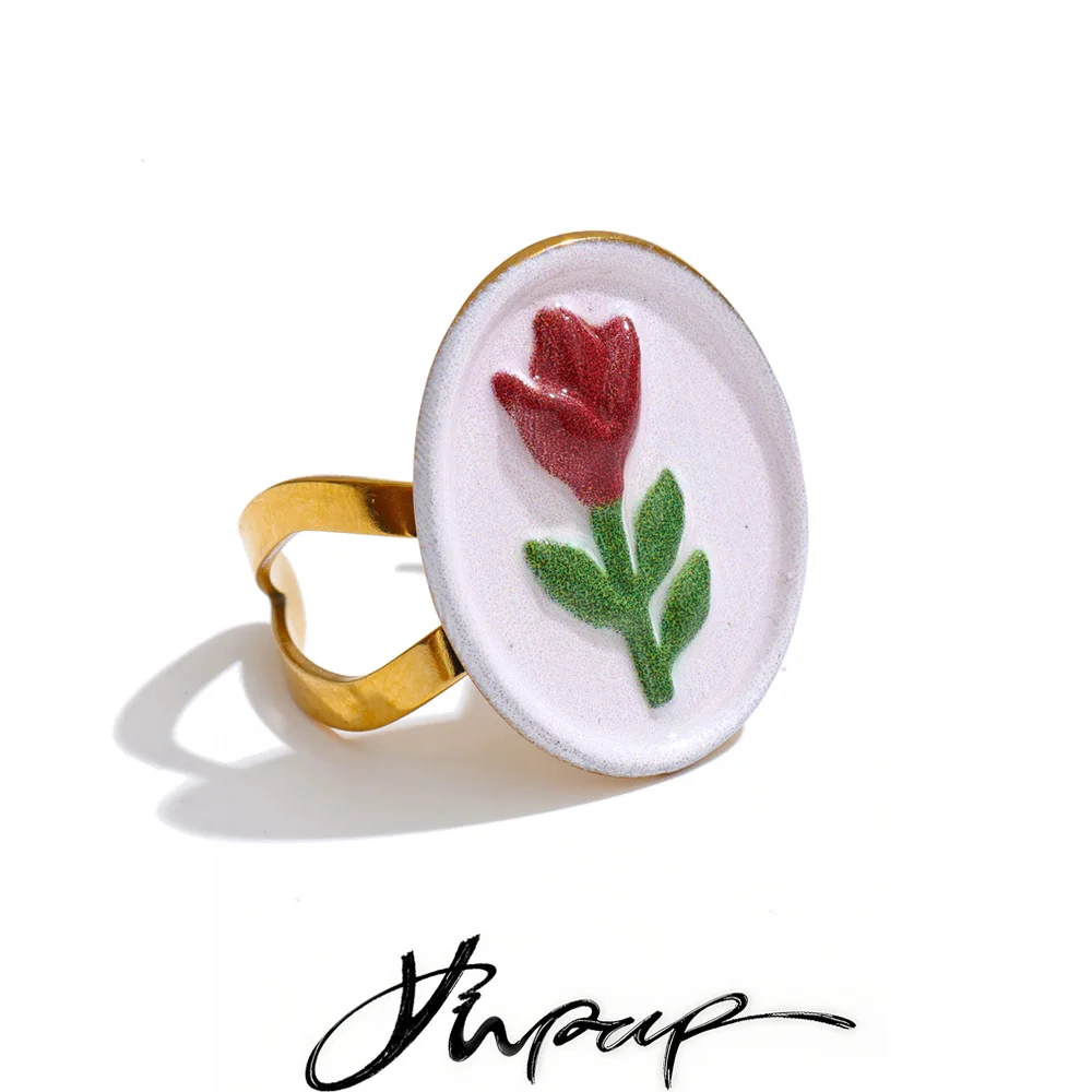 Yhpup Red Yellow Paint Flower Open Ring for Women Gold Color Stainless Steel Trendy Summer Jewelry Wholesale