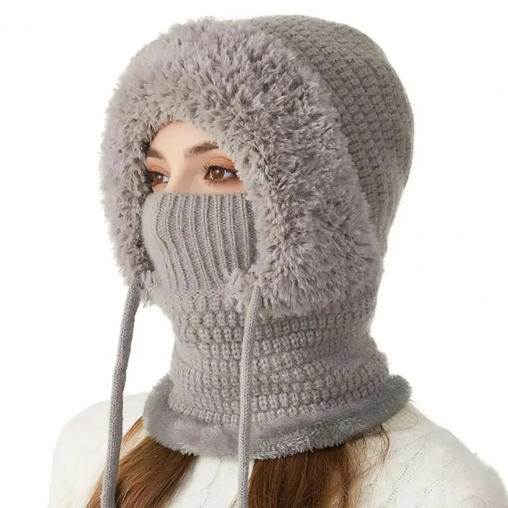 Adjustable Strap Knitted Hat Soft Winter Hat Winter Windproof Knitted Hat Scarf Set with Face Guard for Women Soft Plush Hooded