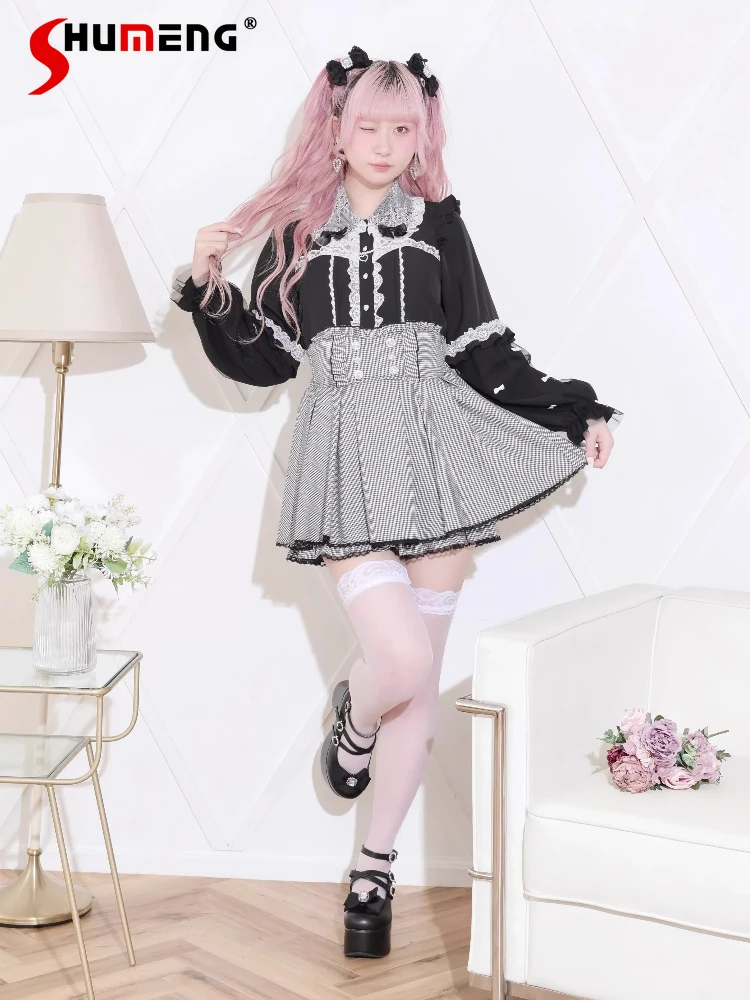 

2026 Summer Japanese Mass-produced Bow Heart Pearl Chain Lace Doll Collar Long Sleeve Single-breasted Lolita Shirt Top for Women