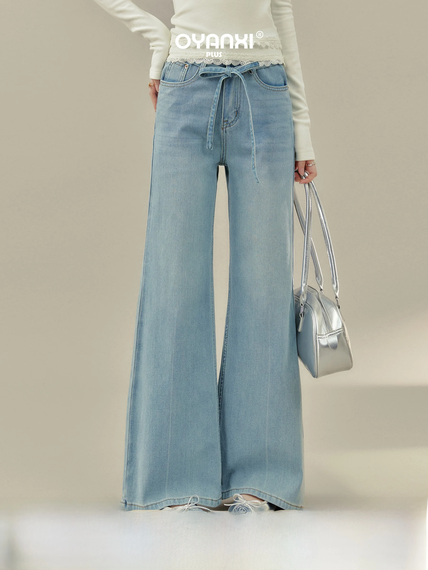 

Джинсы с высокой талией и широкими штанинами для женщин больших размеров, светло-голубые, расклешенные, элегантный стиль, весенняя коллекция, Street Corner Old Memo