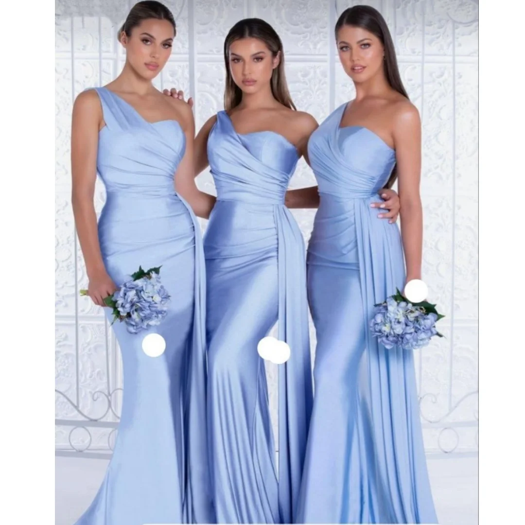 Satin One-Shoulder Bridesmaid Dresses Pleats Backless Sweep Train Cocktail Dress Elegant Sleeveless Bodycon Wedding Party Gowns