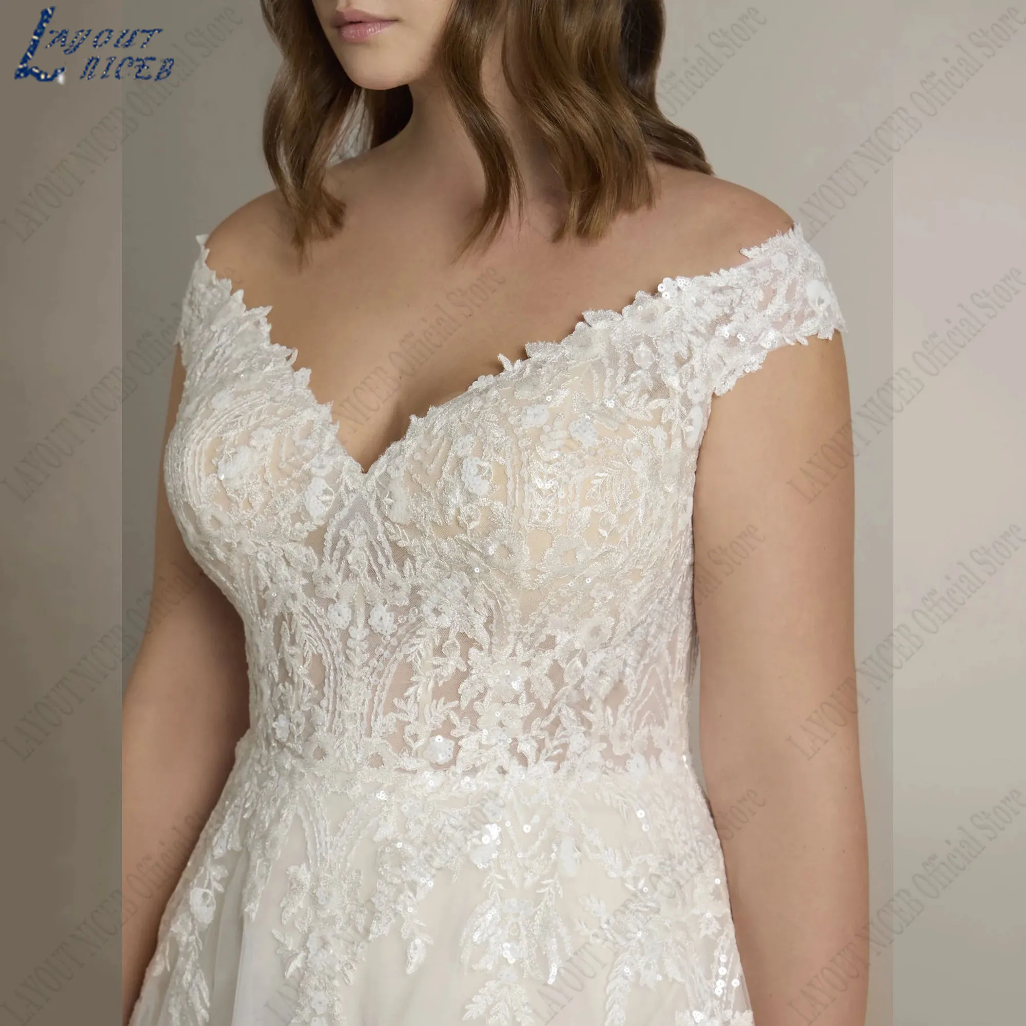 LAYOUT NICEB Oversize V-Neck Bride Dresses Cap Sleeves Side Slit Modern Wedding Gowns A-Line Appliques Tulle vestidos de novia