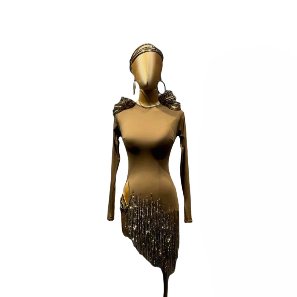 Latin Dancer Adult Children High end Customized Rose Red Split Wave Dynamic Tango Samba AB Stone Performance Dress