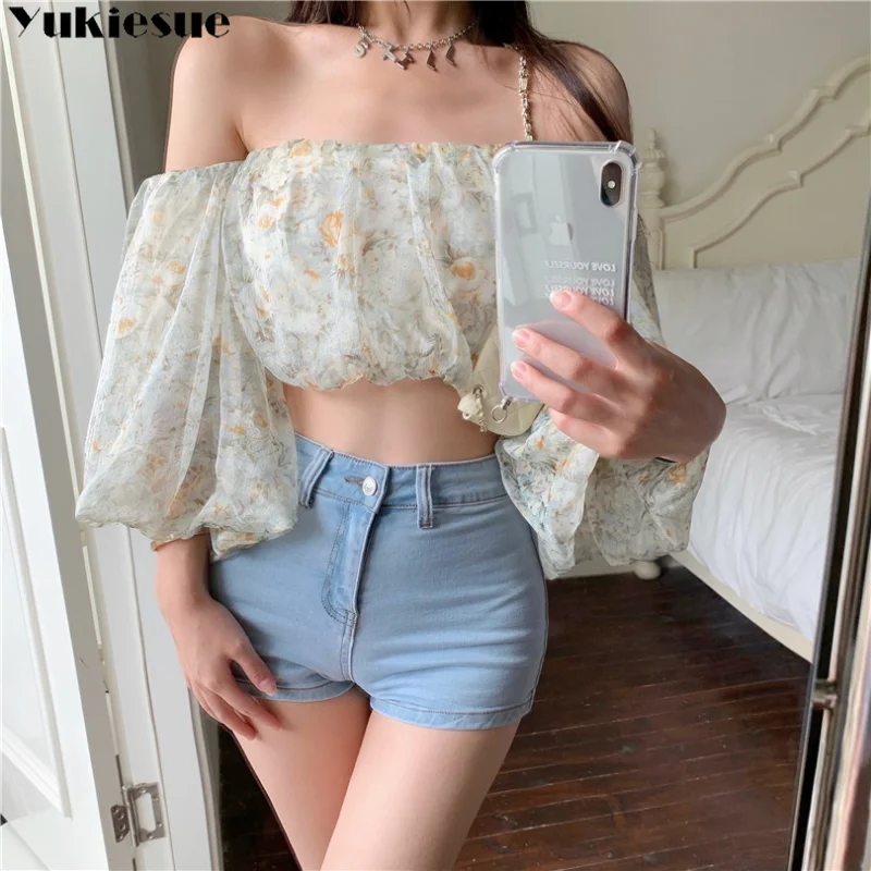 Summer Slash Neck Casual Butterfly-sleeve Party Tops Crop Floral New Blouse Women Sexy Sweet Trendy Feminine Maiden Off Shoulder