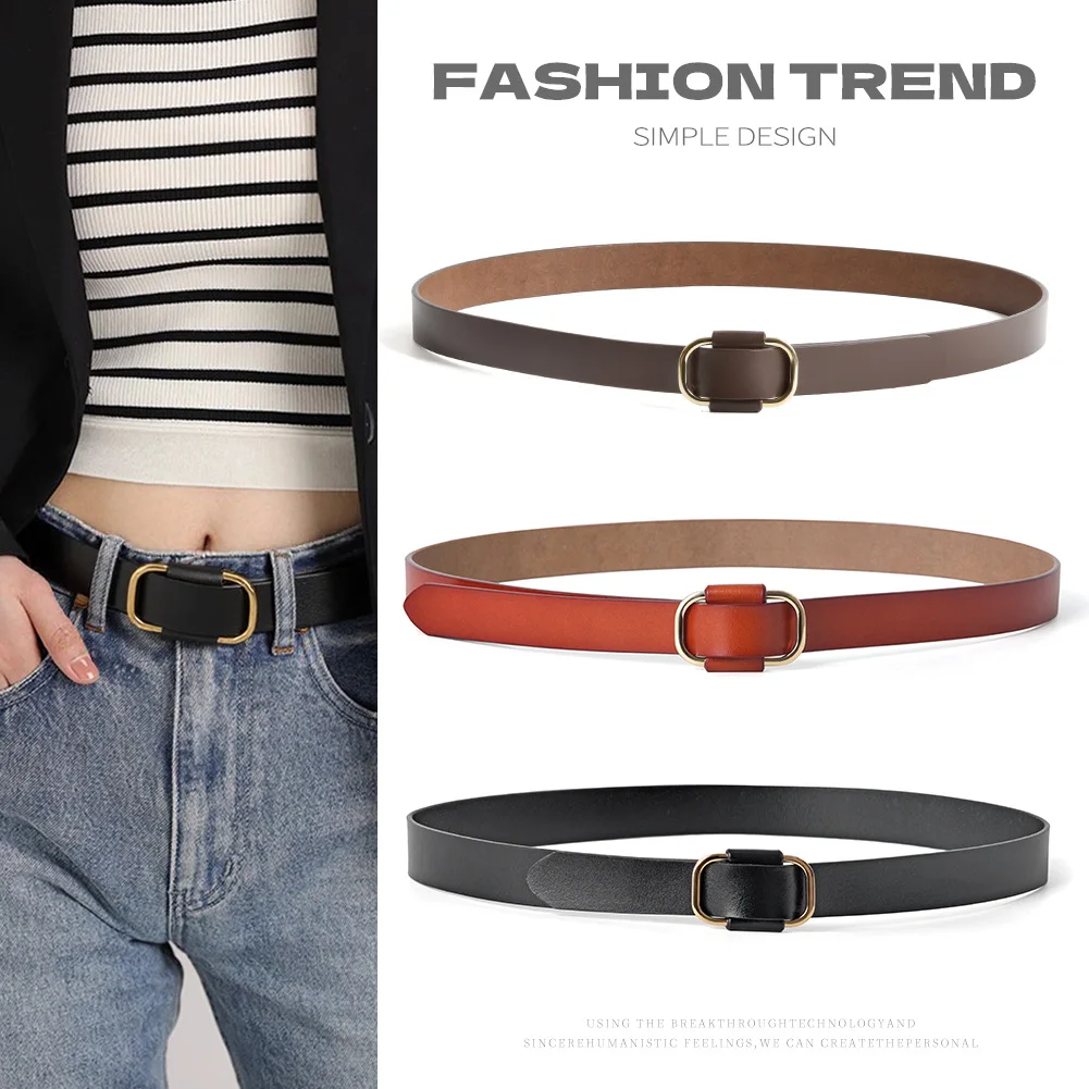 New needleless square buckle women's casual belt waist belt women's simple retro fashion pure cowhide belt women