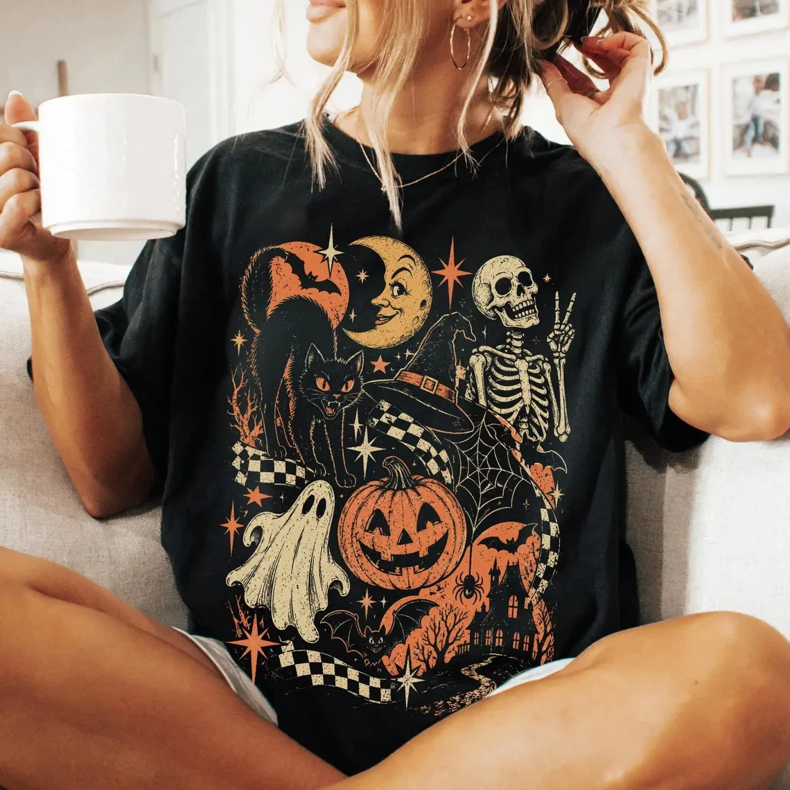 Vintage Halloween T Shirt Men Women Retro Pumpkin Ghost Skeleton Black Cat Print Tee Loose Washed Casual Streetwear T-shirt