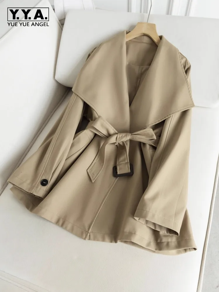 

Офисные женские повседневные тренчи, дизайнерские с отложным воротником и поясом, модные классические однотонные весенне-осенние женские ветровки, пальто