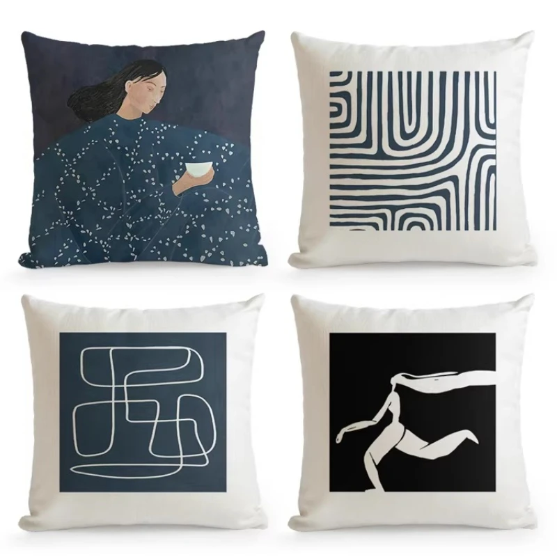 European-style abstract art character living room sofa cushion cover, cotton and linen double-sided hand-painted pillow cover