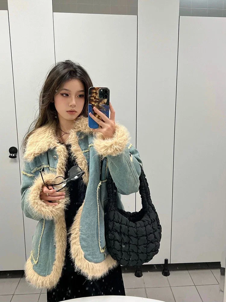 Harajuku Vintage Y2k Jackets Warm Thicken Downy Long Sleeve Design Denim Coats Winter Casual Loose All Match Women Clothing 2024