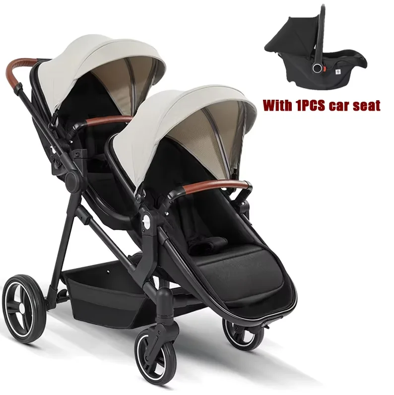 Nehmen Sie einen einzelnen Autositz mit. Hochsicht-Doppelkinderwagen. Tragbar und kann zu einem leichten Kinderwagen zerlegt werden.