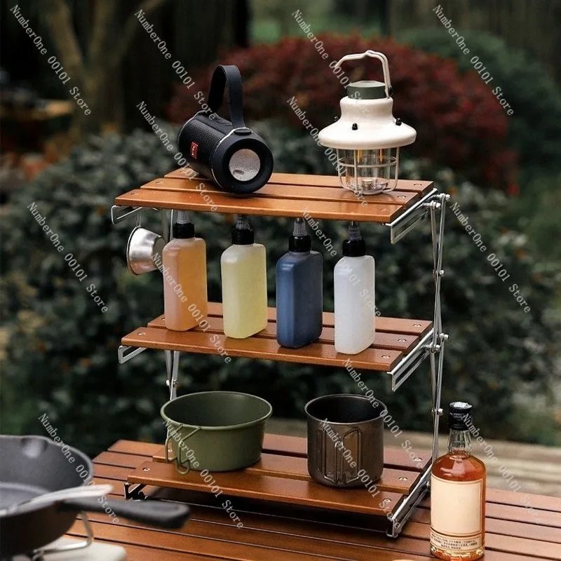 Outdoor Camping 3 Tier Storage Rack Solid Wood Foldable Portable Picnic Table Multi Layer Organizer Stand Multifunctional
