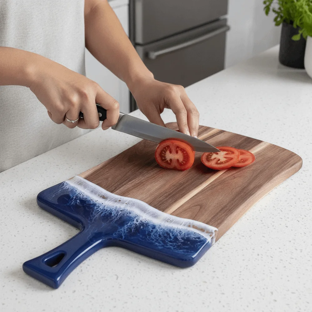 Sea Wave Pattern Resin-Wood Splicing Cutting Board Hanging Handle Rectangular Cheese Platter Thickened Chopping Block Restaurant