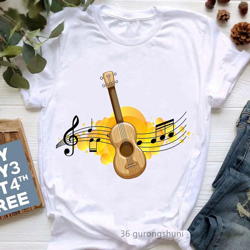 

Golden Musical Note Guitar Print Tshirts Women Clothes 2024 Hip Hop Music Lover T Shirt Femme Harajuku Shirt Streetwear T-Shirt