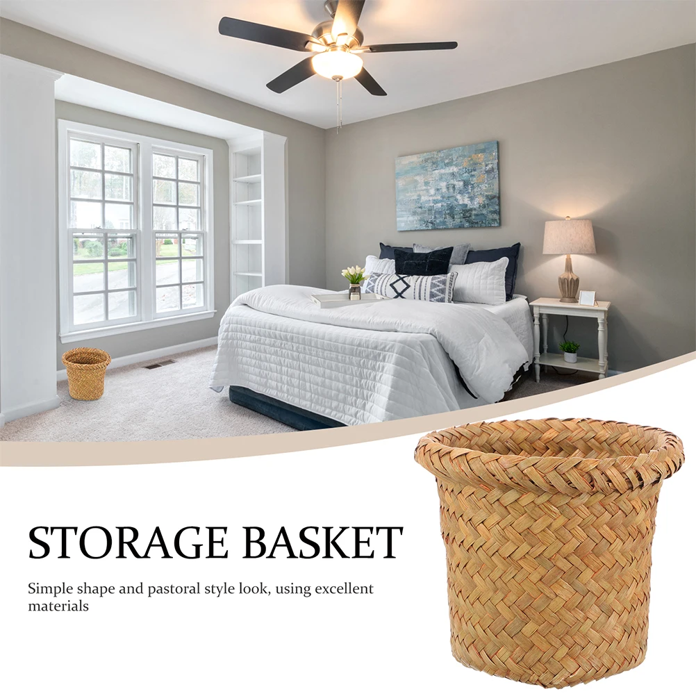 

Woven Trash Can Handwoven Seaweed Iron Garbage Container Open Design Rust Proof Sturdy Bedroom Bathroom Kitchen Hotel for Waste