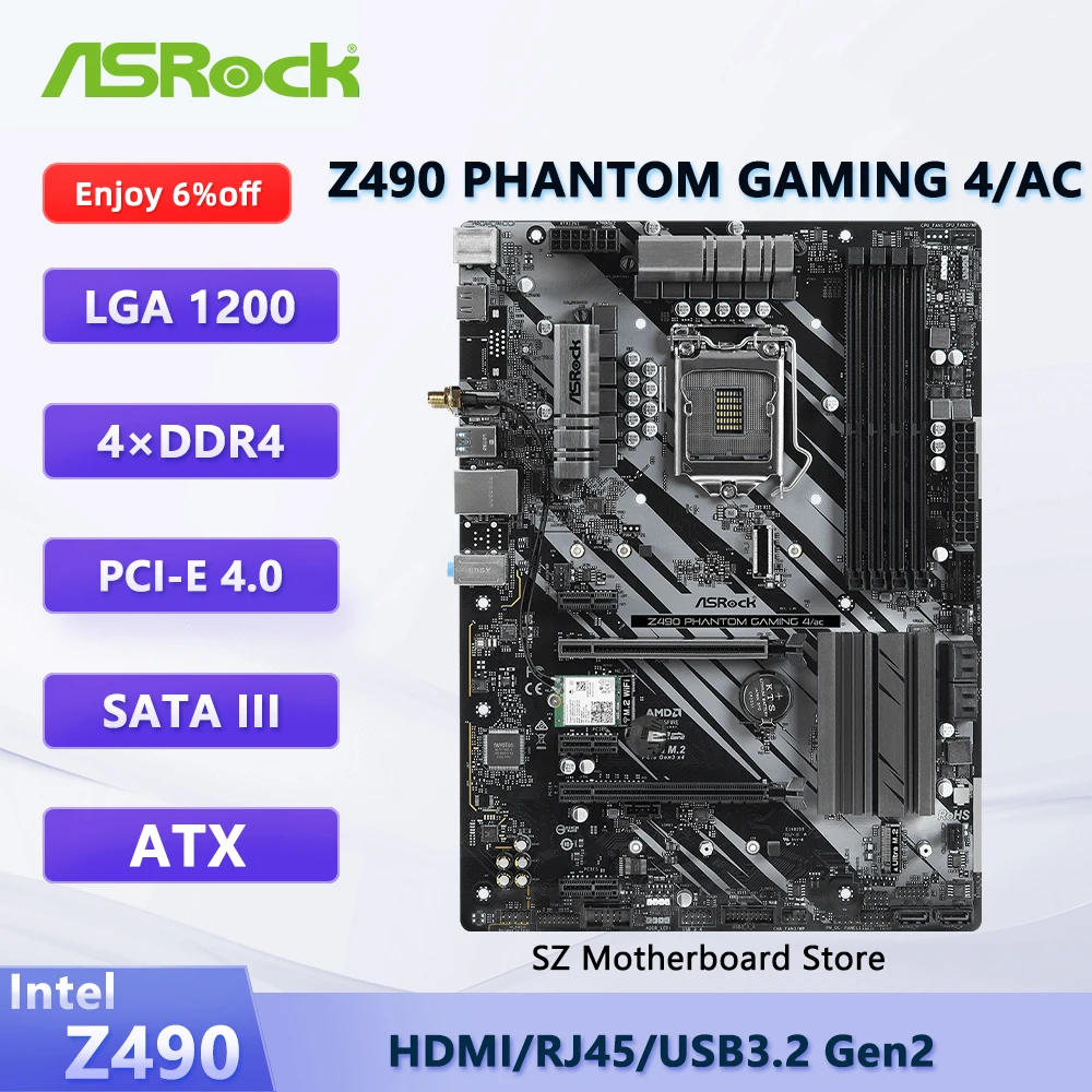 

ASROCK Z490 PHANTOM GAMING 4/AC Z490 Motherboard LGA 1200 For i5-10600K i7-10700F i3-10100F i9-10900K CPU DDR4 PCI-E X16 M.2 ATX