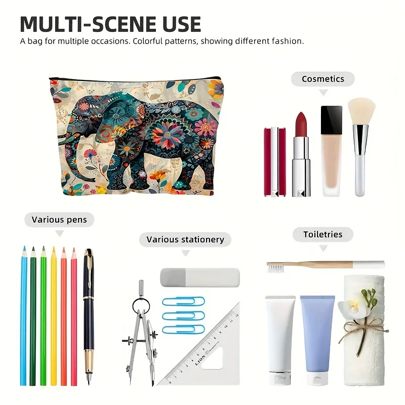Vibrant Elephant Print Makeup Bag – Lightweight Zippered Pouch for Travel, Toiletries & Cosmetic Organizer