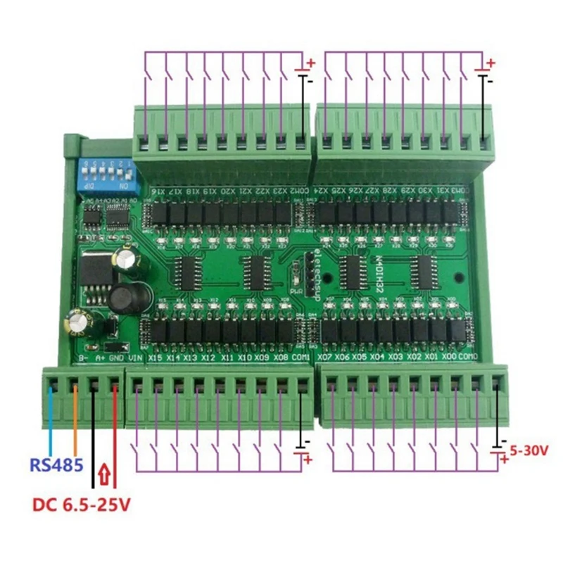 DN-32Ch แยกอินพุตดิจิตอล RS485 Modbus Rtu Controller DC 12V 24V PLC สวิทช์จํานวน Acquisition Board