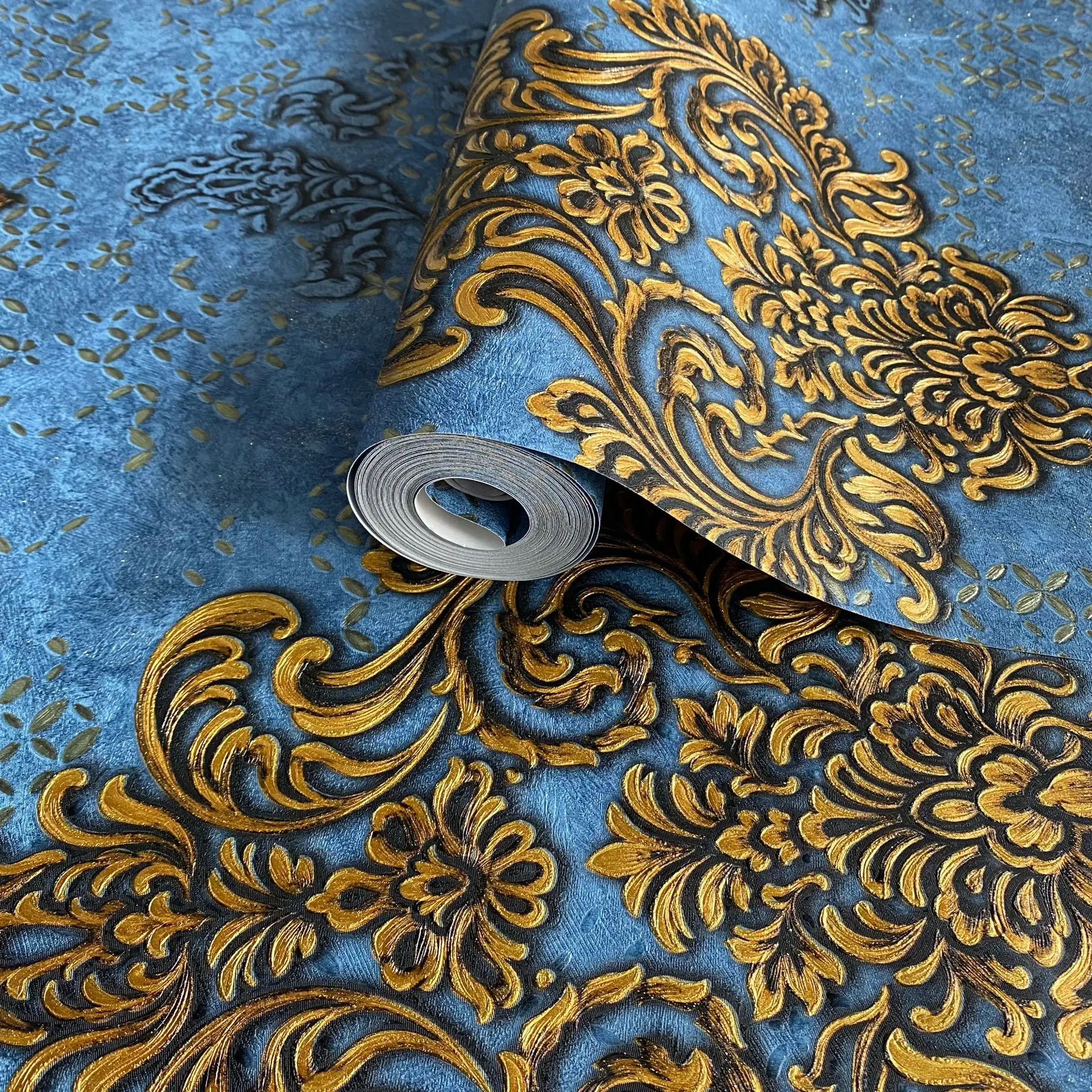 3D Embossed Damascus Wallpaper Living Room Bedroom  Pvc Waterproof Blue Retro Metallic Wallpaper Mottled