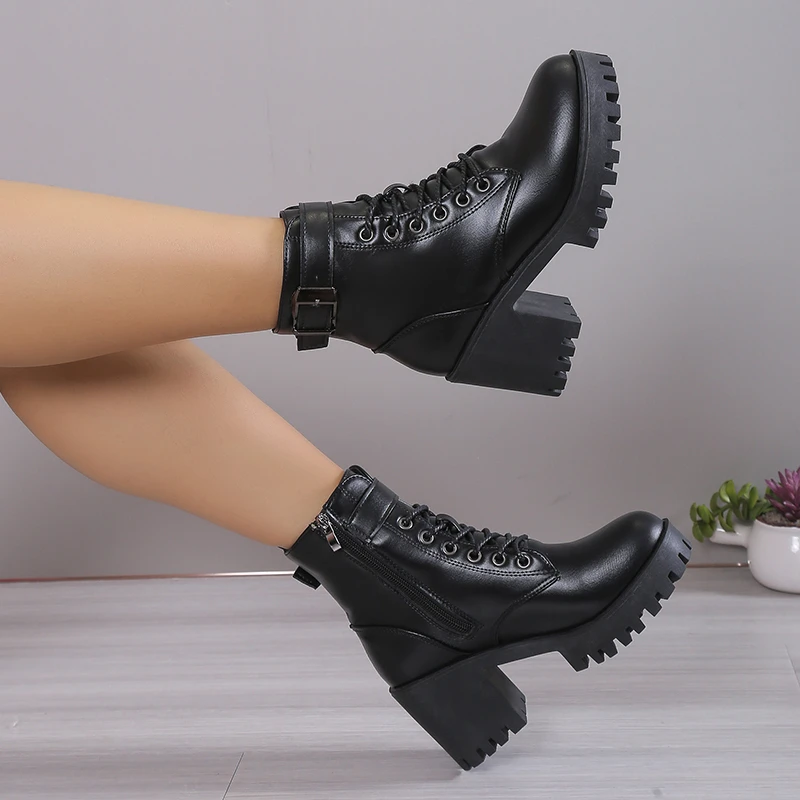 New Winter Lace-up Solid Color Warm Casual Non-slip High Heels Round Toe Fashion Side Zipper Square Heel Women's Boots image 3