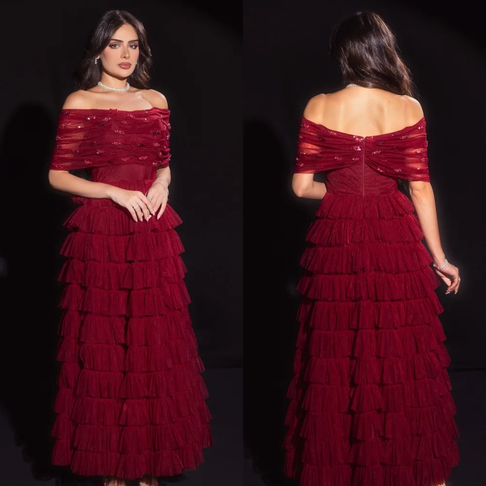 Customized Unisex Tulle Pleat Tiered A-line Off-the-shoulder Midi Dresses Bespoke Occasion Dresses Classic Exquisite Modern Styl