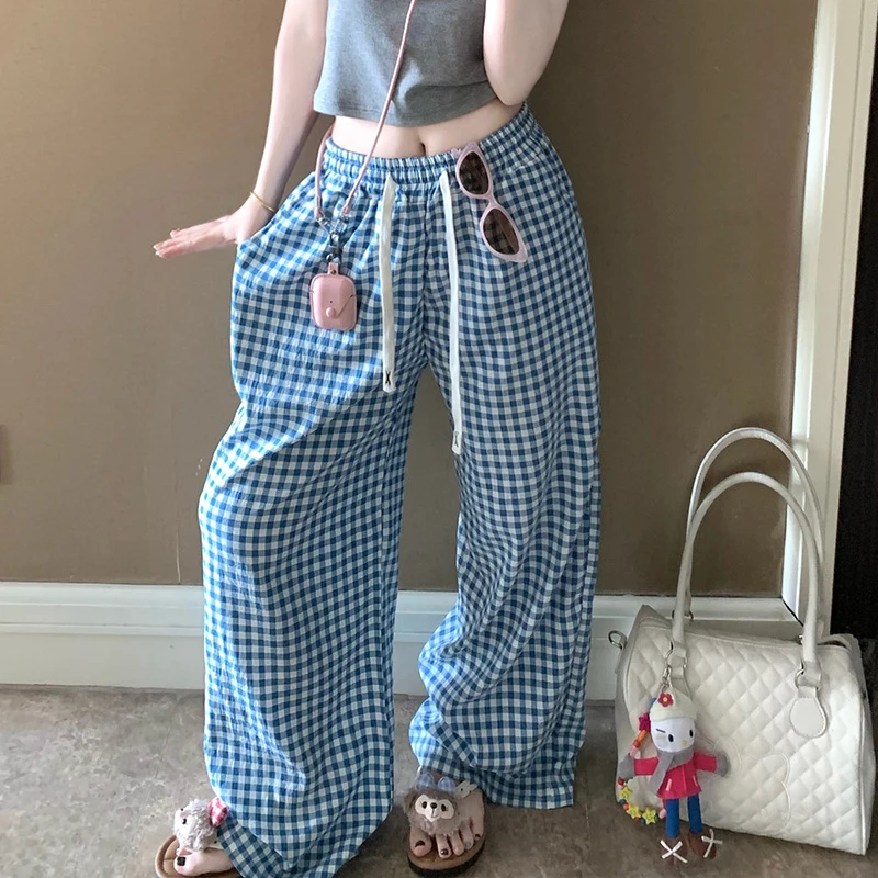 Bilateral Pocket Tie Rope Pajama Pants for Women Loose Wide Leg Pants Korean Style Outside Home Trousers Sleeping Pants Striped