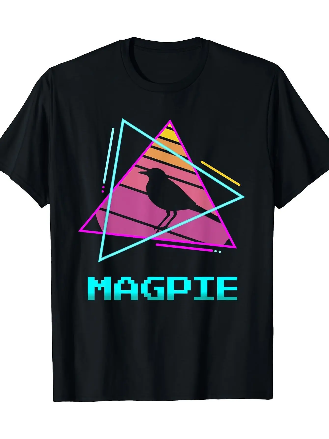 2026 Retro 8-Bit Pixel Art Magpie T-Shirt - Vintage Video Game Tee with Pink & Yellow Magpie Bird Design, 100% Cotton Crew Neck