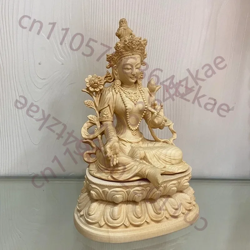 Hand-Carved Hinoki Wood Dashboard Sculpture - Featuring Green Tara & Buddhist Pantheon, Collector‘s Grade Traveling Art & Spiri