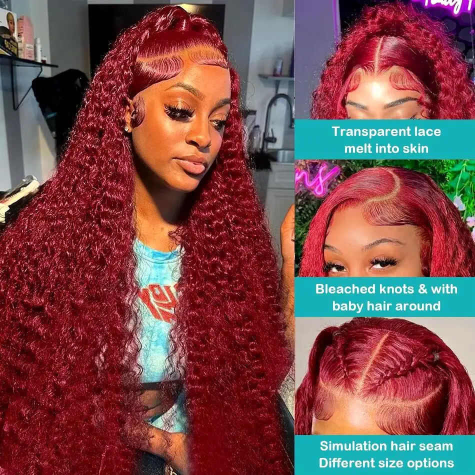 99J Burgundy 30 36 Inch Deep Wave 13x4 Lace Front Human Hair Wig 13x6 Red Curly Transparent HD Lace Frontal Human Hair Wigs