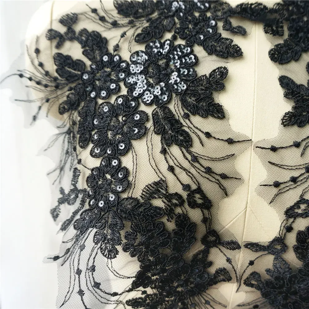 2PCS Black Sequin Flower Tassel Wedding Gown Appliques Lace Fabric Embroidered Trims Collar Mesh Sew Patch For Dress DIY Decor