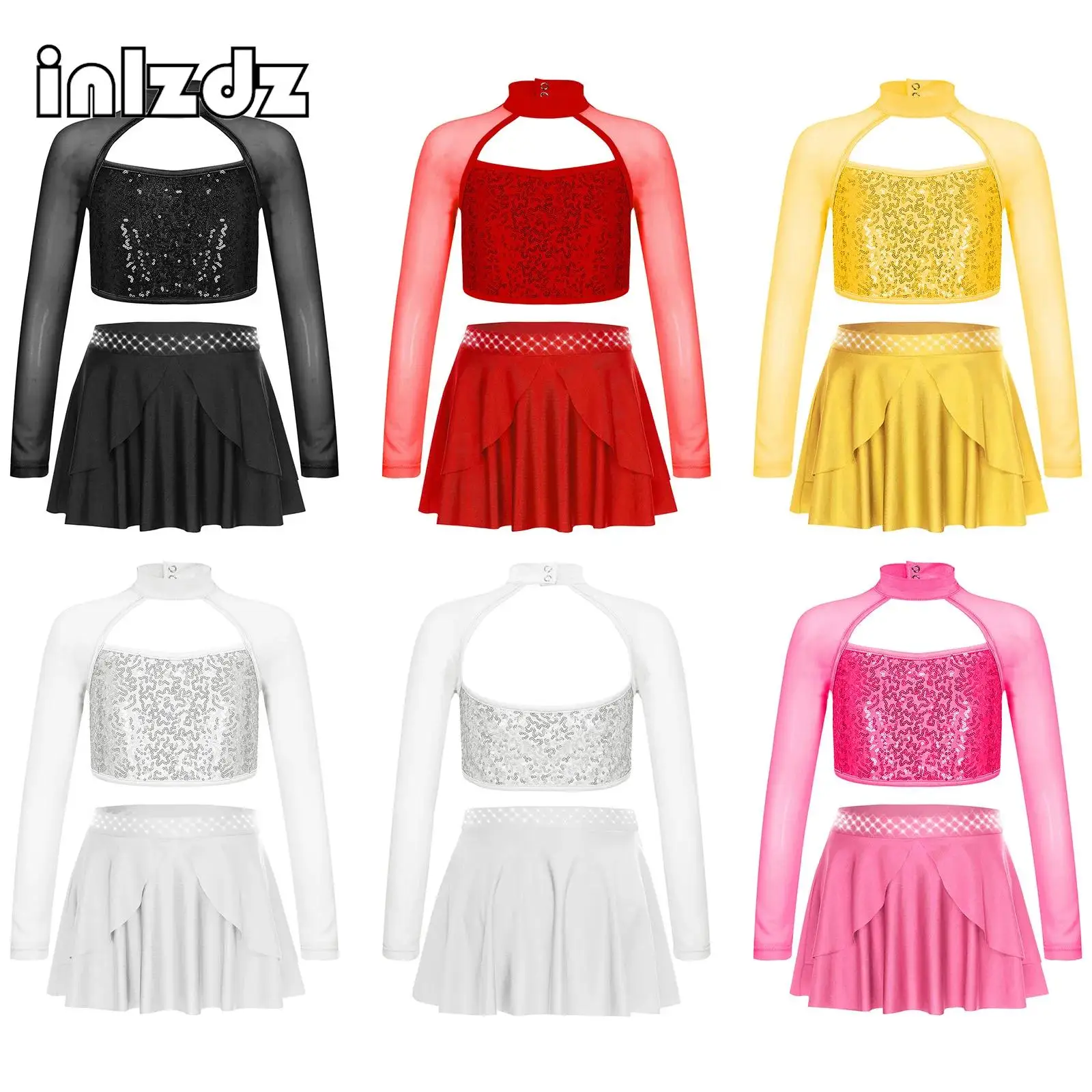 

Girls Latin Jazz Hip Hop Dance Costume Streetwear Long Sleeve Hollow Shiny Sequin Crop Top+Rhinestones Skirt+Built-in Briefs Set
