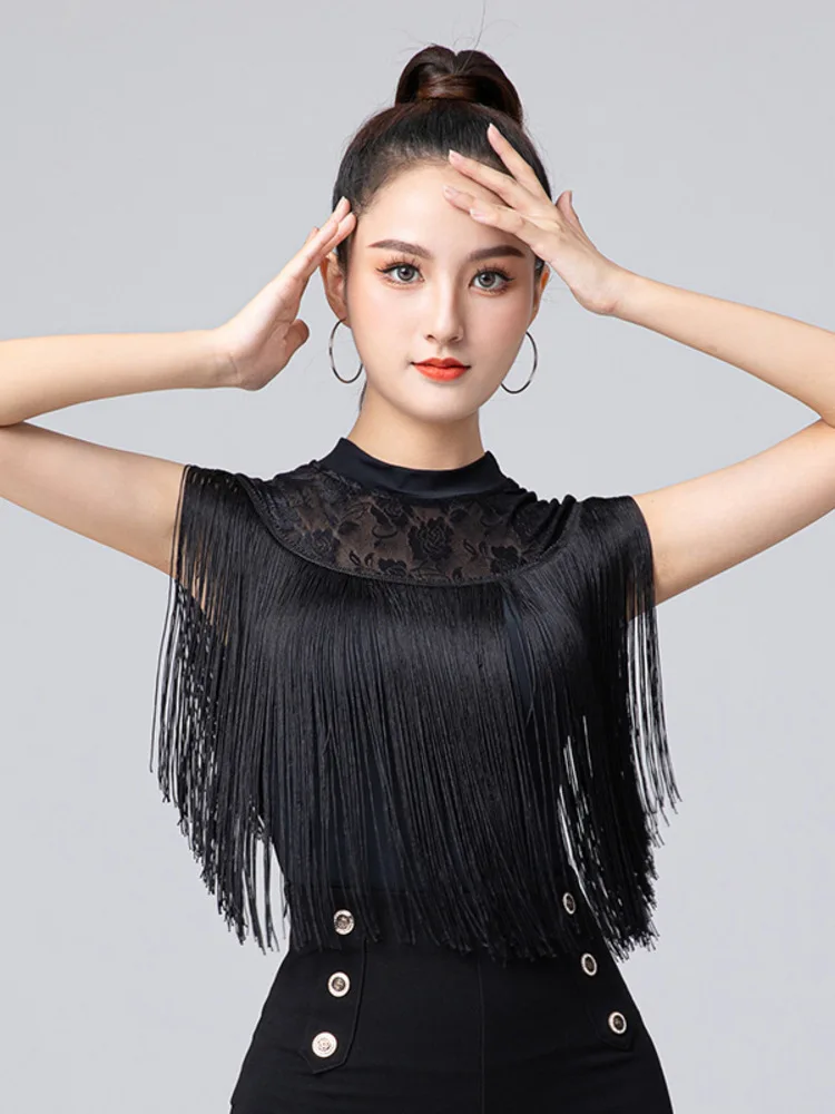 Mesh Patchwork Latin Dance Line Tops Competition Jazz Tassel Belly Practice Clothes Evening Woman Solid Color Playsuits