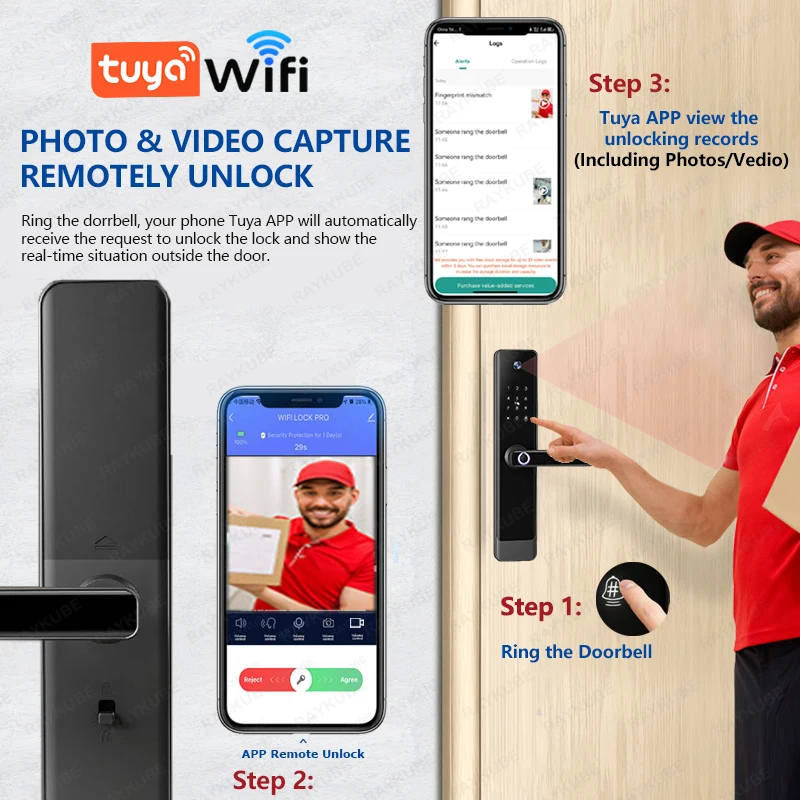 NEW RAYKUBE E90 Tuya Wifi Two-way Audio Video Intercom Fingerprint Camera Smart Door lock With APP Remote Unlock Video Recording