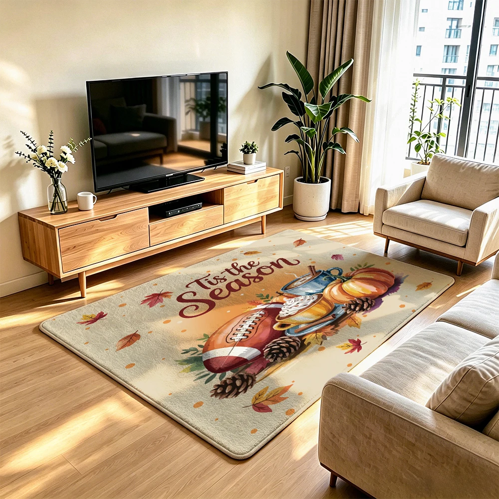 1Pc Autumn Football Pumpkin Hot Drink Tis the Season Floor Mat, Anti-Slip Silicone Tufted Carpet, Rug For Living Room Sofa Be