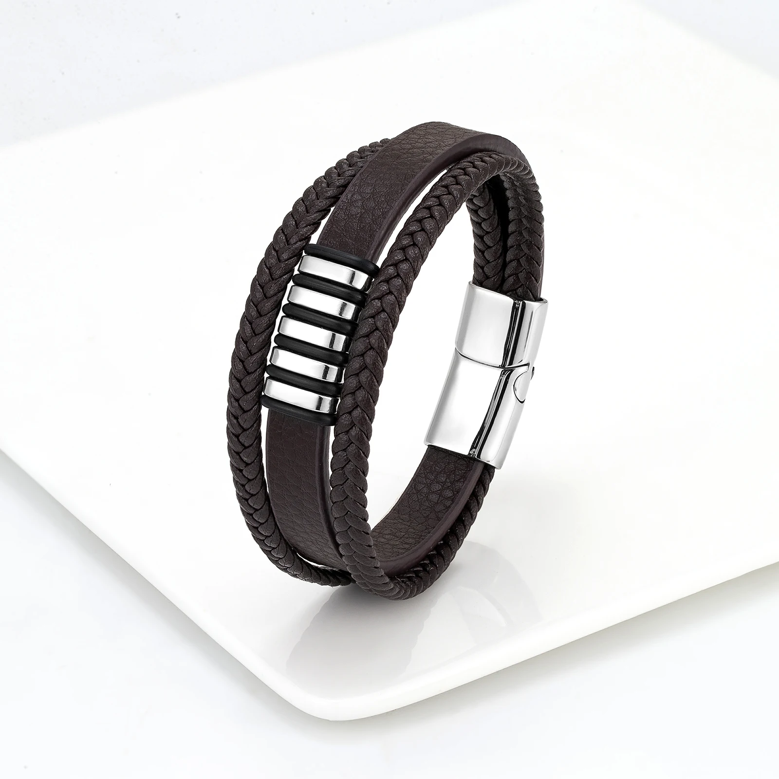 European And American Popular Stainless Steel Leather Bracelet Men\'s Multilayer Woven Leather Bracelet