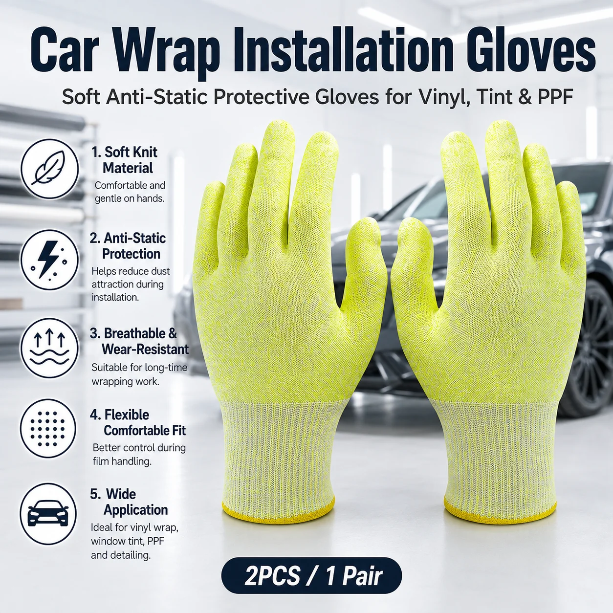 Car Wrap Tool 1 Pair Fluorescent Anti Static Cut Resistant Gloves for Vinyl Wrap Tool PPF Tool Window Tint Tool Installation