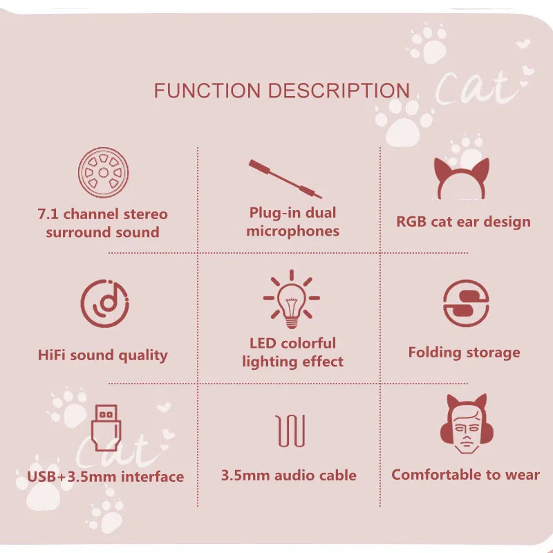 Cat Ear Gaming Headphone LED Light Girl Gamer Wired Headset Stereo Game Cat Earphone PC Earbud with Mic for Tablet PS5 Fifa