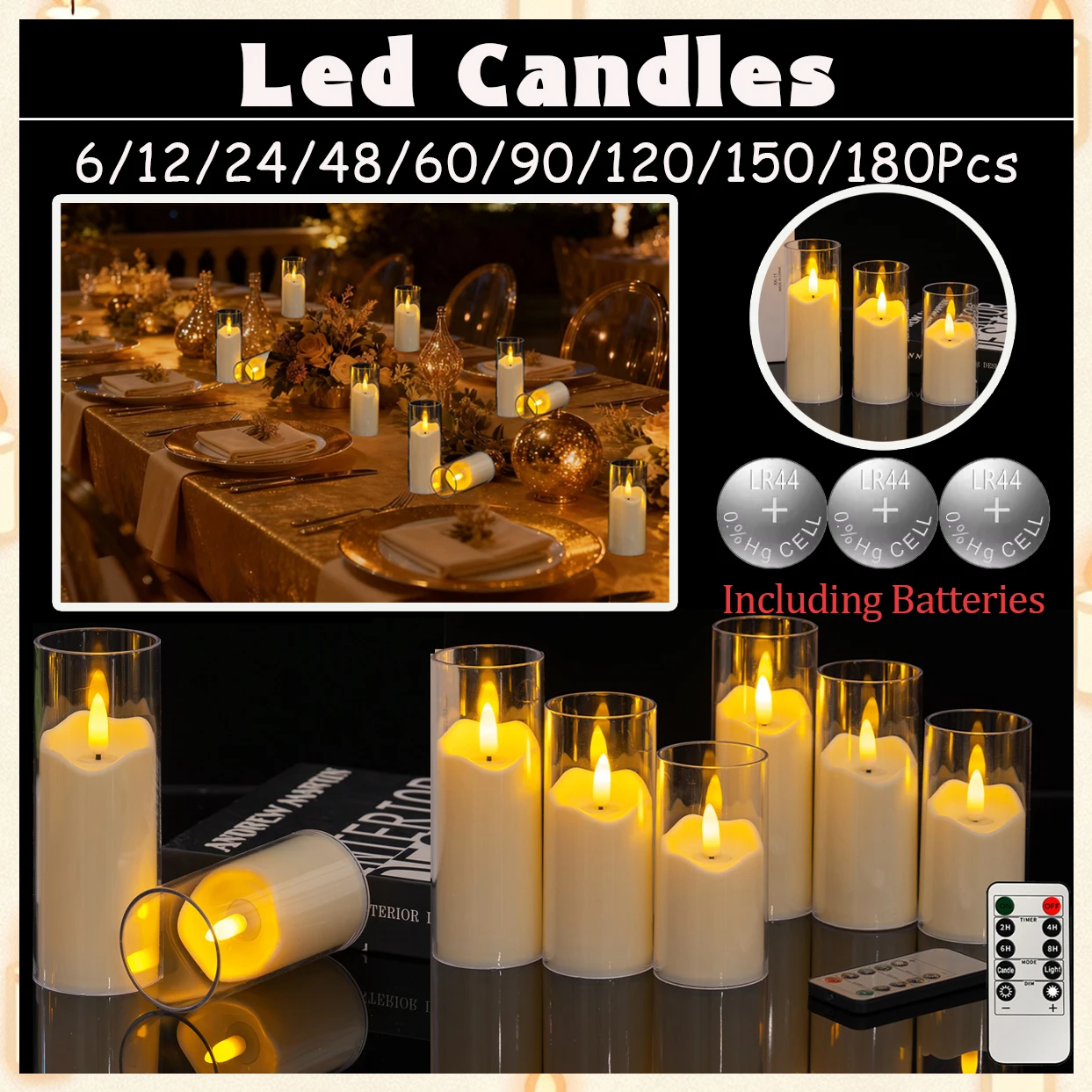 Velas artificiales Led sin llama, taza acrílica, velas Led con pilas para decoración de actividades de conciertos de boda, 6-180 Uds.