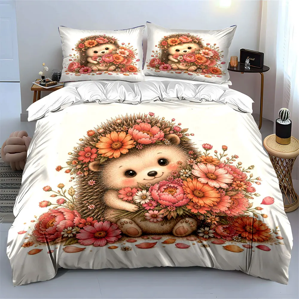 Cute Hedgehog Holding Flowers Duvet Cover Set with 3D Printing Design Soft Polyester Bedding Set All-Season Comfort for gifts