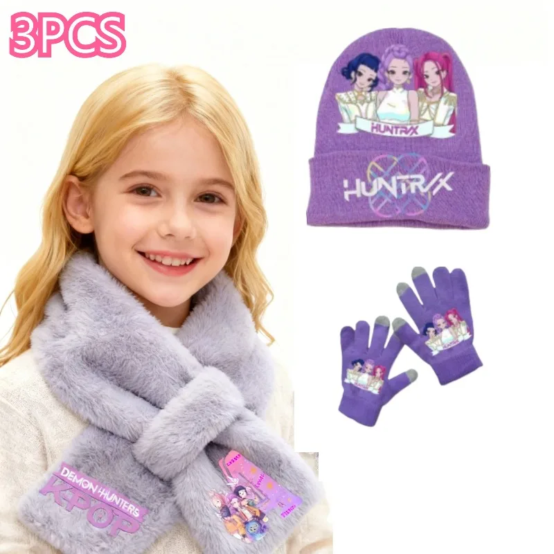 

K-Pop Demon 3Pcs Hunters Warm Soft Kids Girl Knit Hat Neck Scarve Glove Set Birthday Gift Fashion Casual Accessories